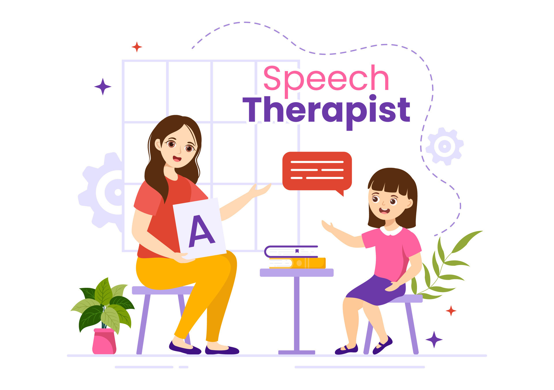 Speech Therapist Vector Illustration with Child Training Basic Language