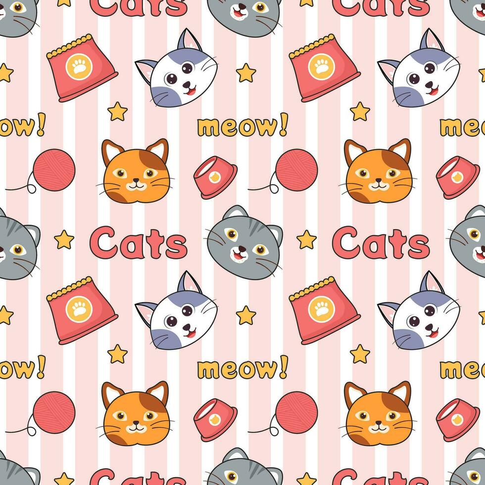 Cats Animals Seamless Pattern Design with Cat Element in Template Hand Drawn Cartoon Flat Illustration vector