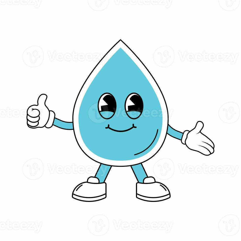 Funny water drop character in retro groove style. White background. Daily water tracker. Daily water tracker balance vector calendar. Vector illustration. photo