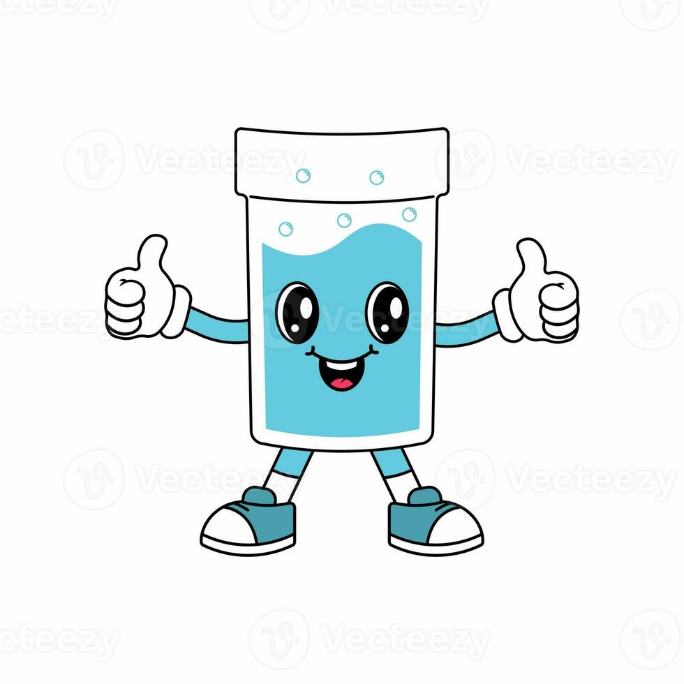 Funny character glass with water in retro groove style. Daily water tracker.  White background. Habit tracker concept and for effective planning. photo