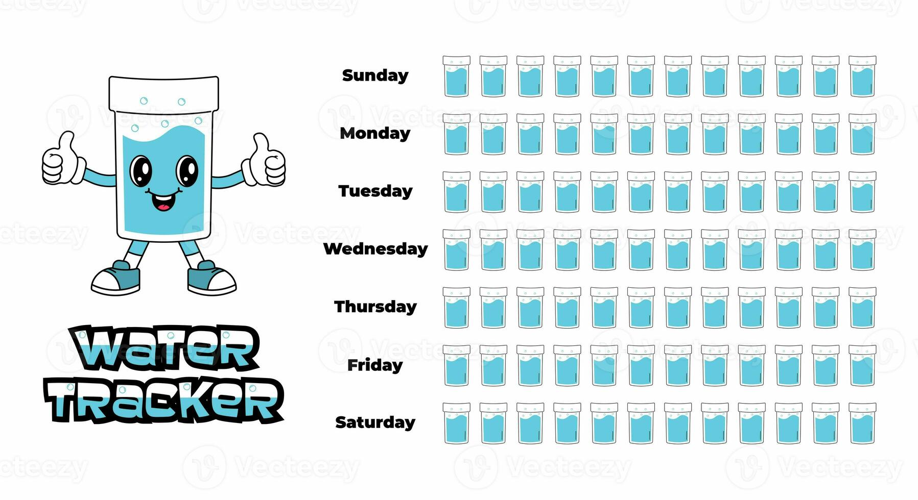 Daily water tracker balance vector calendar. Habit tracker concept and for effective planning. Drinking enough water, hydration challenge. Cute character in retro groovy style. photo