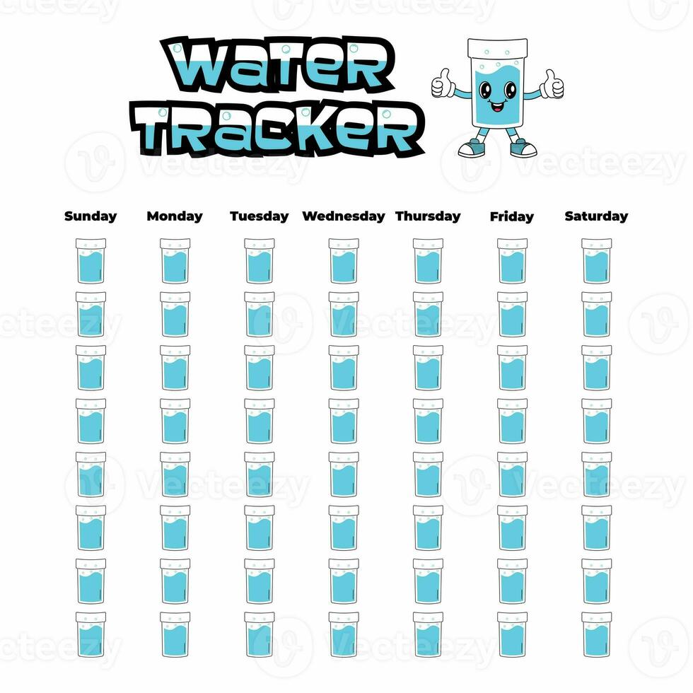 Daily water tracker balance vector calendar. Habit tracker concept and for effective planning. Drinking enough water, hydration challenge. Cute character in retro groovy style. photo