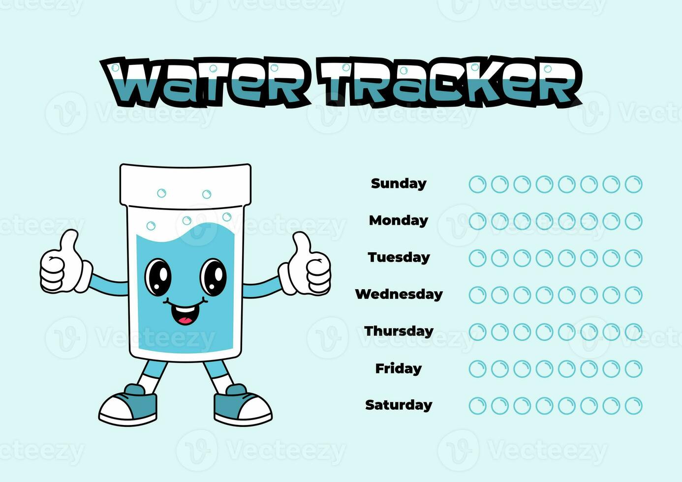 Daily water tracker balance vector calendar. Habit tracker concept and for effective planning. Drinking enough water, hydration challenge. Cute character in retro groovy style. photo