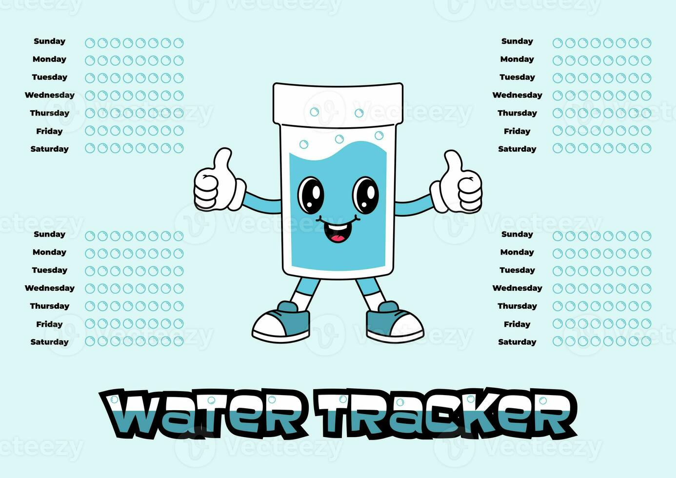 Daily water tracker balance vector calendar. Habit tracker concept and for effective planning. Drinking enough water, hydration challenge. Cute character in retro groovy style. photo