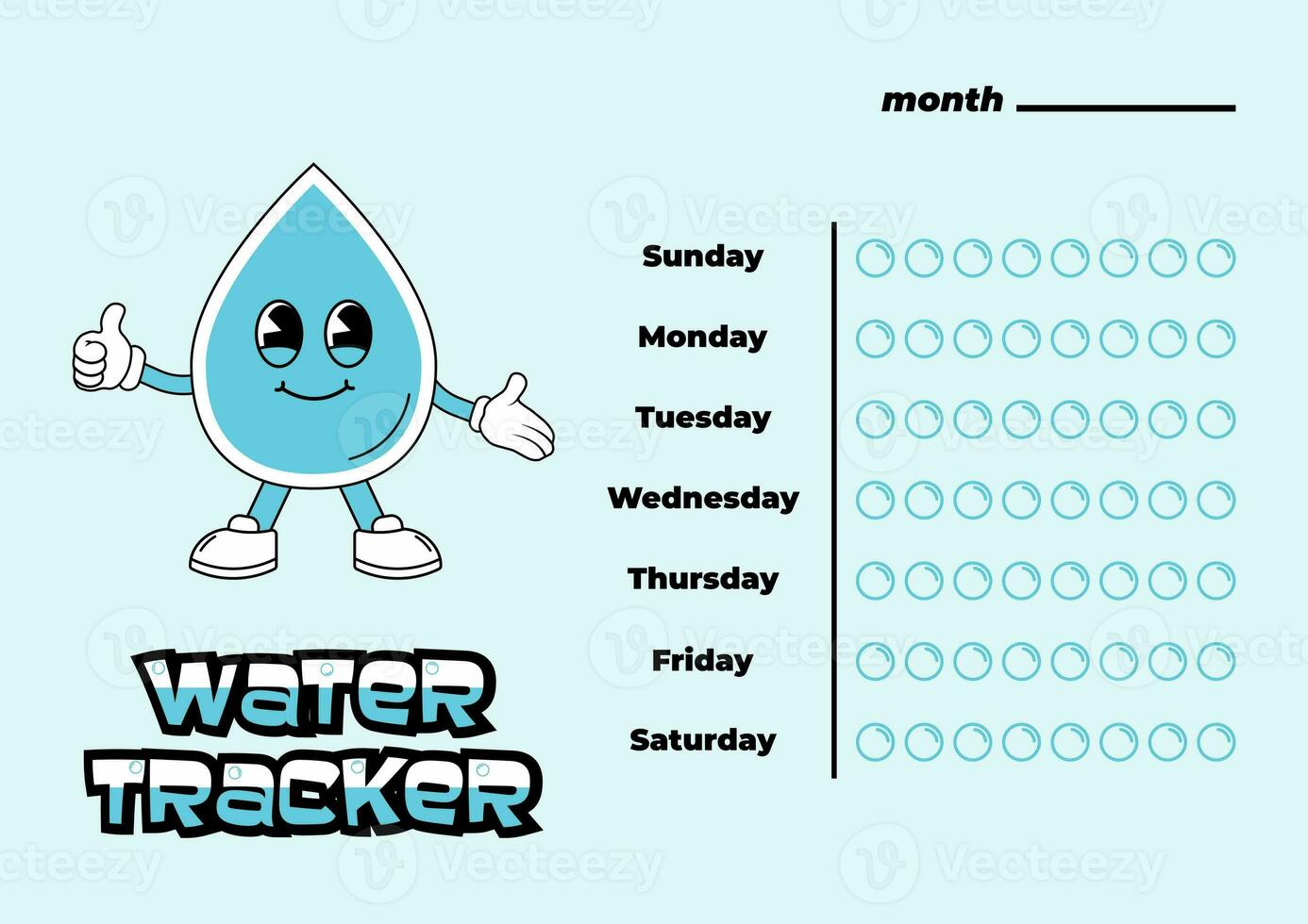 Daily water tracker balance vector calendar. Habit tracker concept and for effective planning. Drinking enough water, hydration challenge. Cute character in retro groovy style. photo