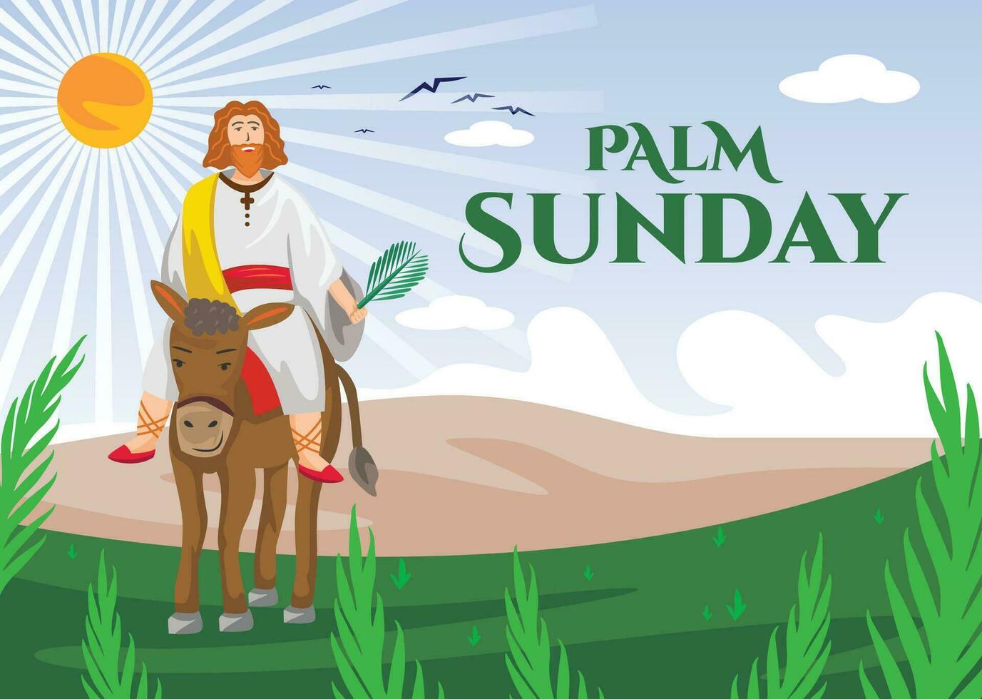 Illustration of happy palm sunday with the image of jesus carrying palm leaves and riding a horse vector