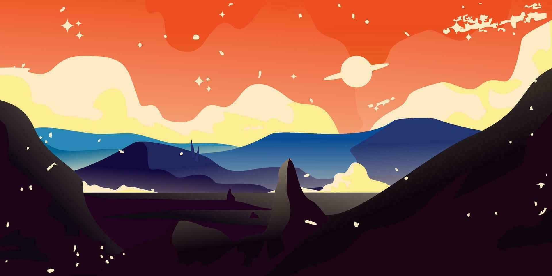 vector landscape mountains rocks with orange sky and moon background