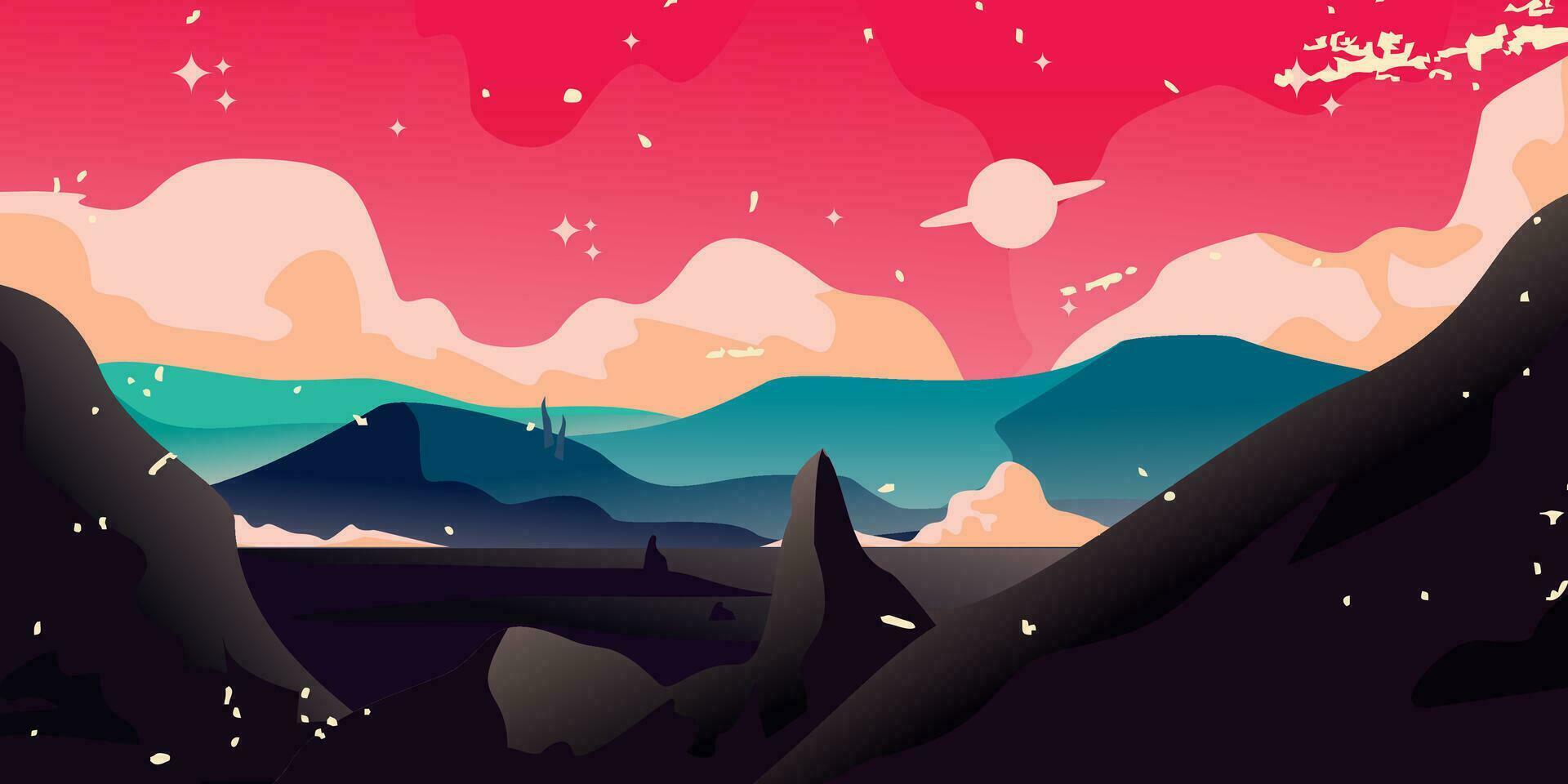 vector lanscape mountains rocks red sky background