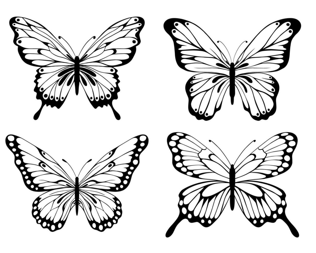 Vector hand drawn ink illustration. Set tropical butterflies. Objects of nature. Entomology. Sketch