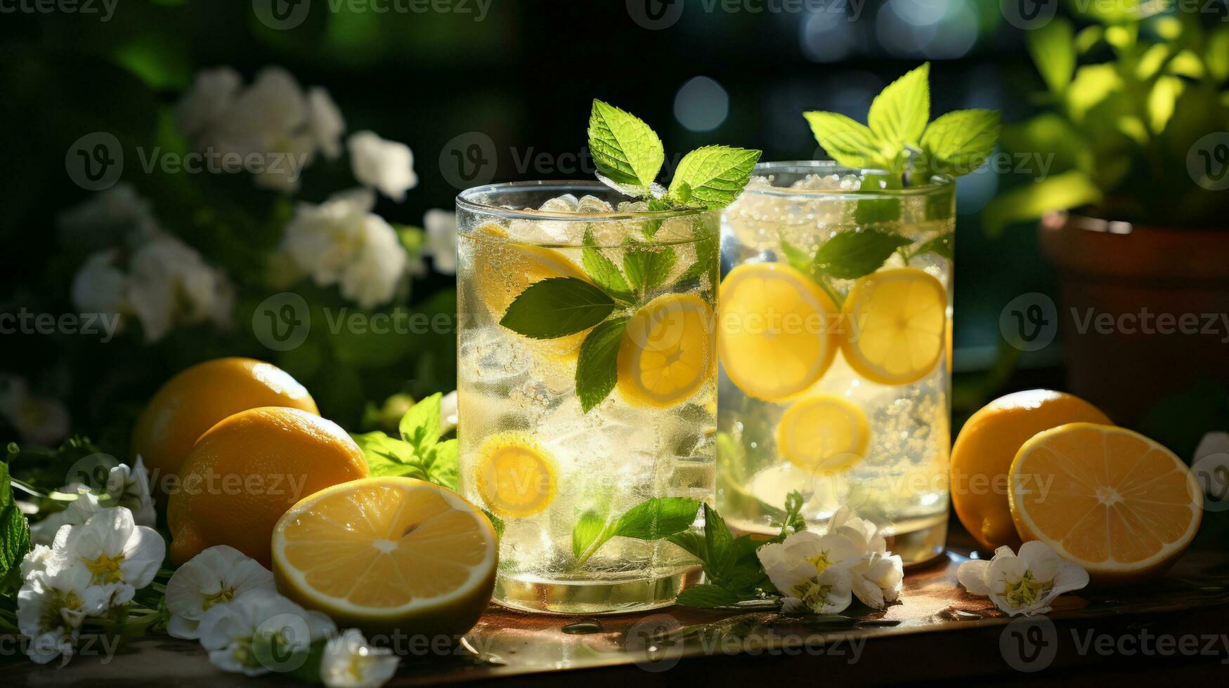 Two glasses of lemonade with lemon slices and mint leaves. Generated by artificial intelligence photo