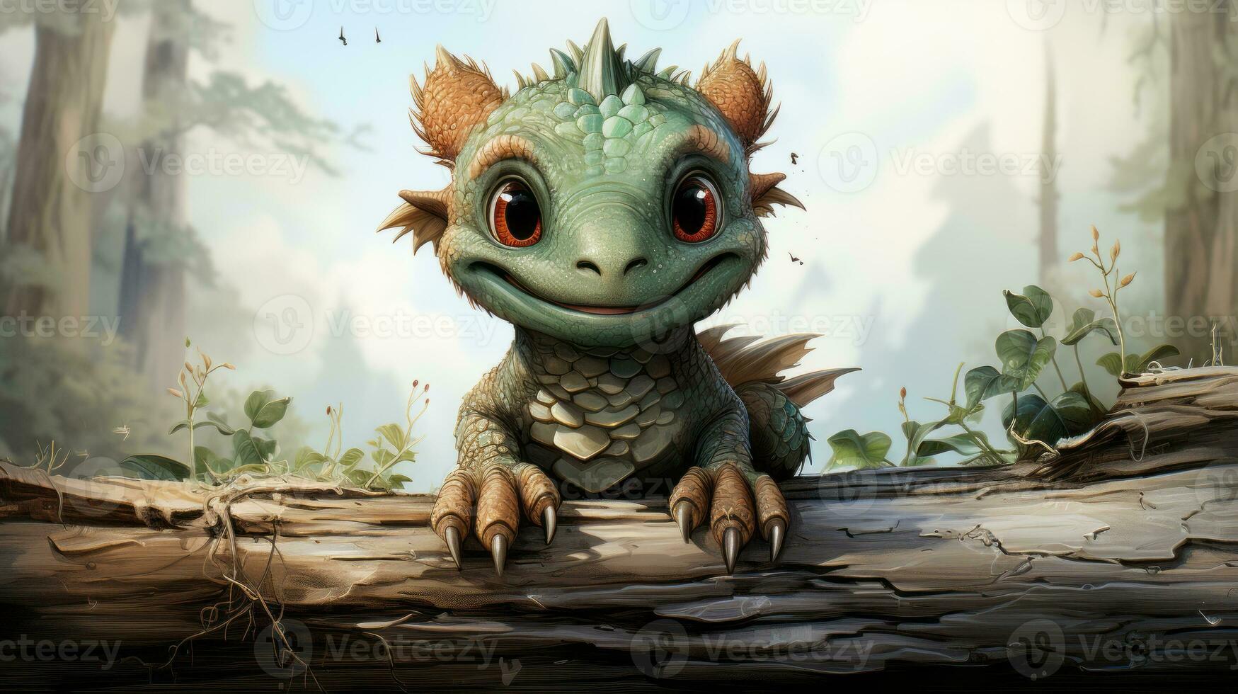 Cute green dragon on the background of nature, dragon hand-drawn, dragon with a smile. Generated by artificial intelligence photo