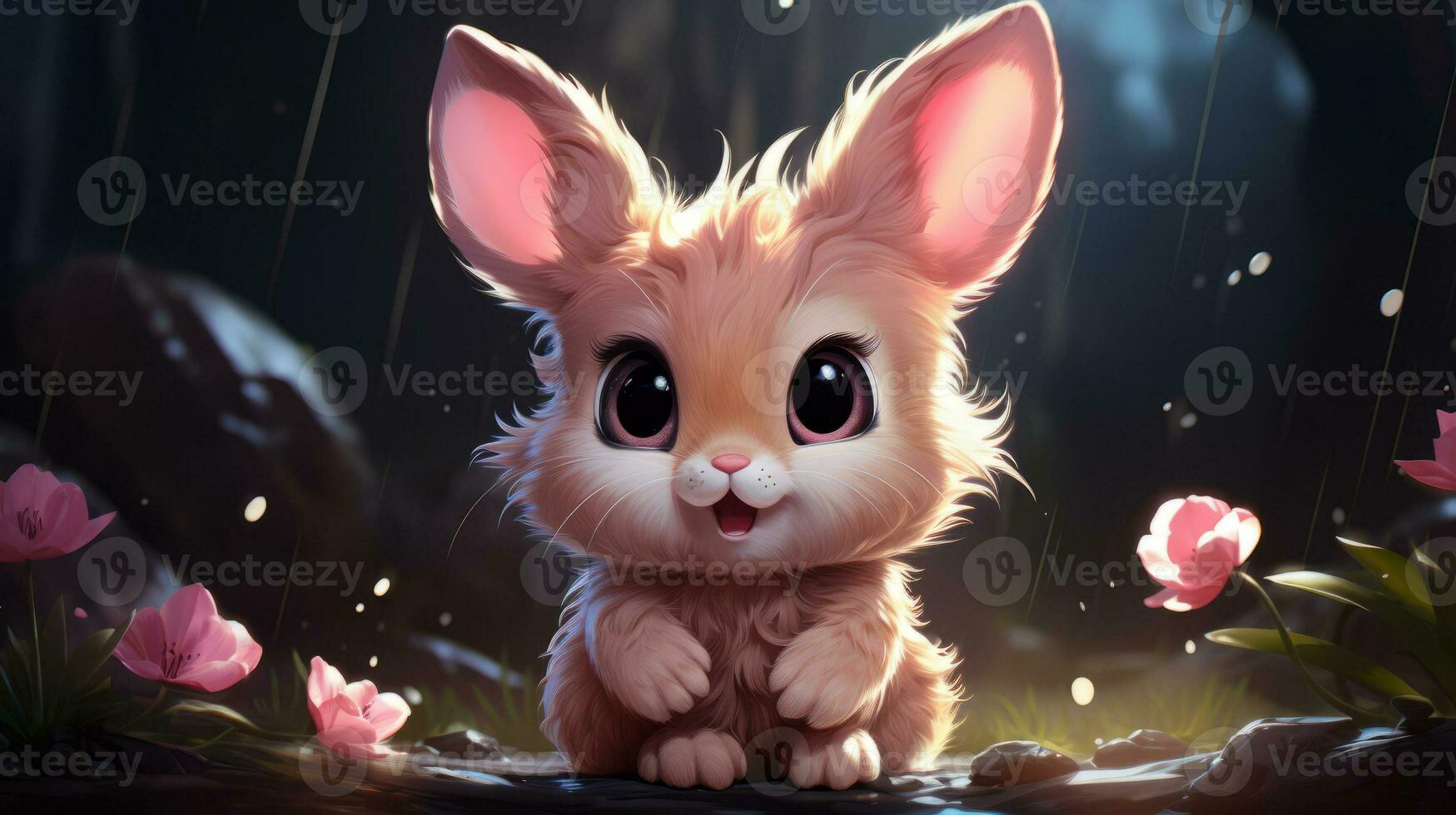 Cute  fluffy pink rabbit,  bunny smiling, rabbit colorful. Rabbit with flowers. Generated by artificial intelligence photo