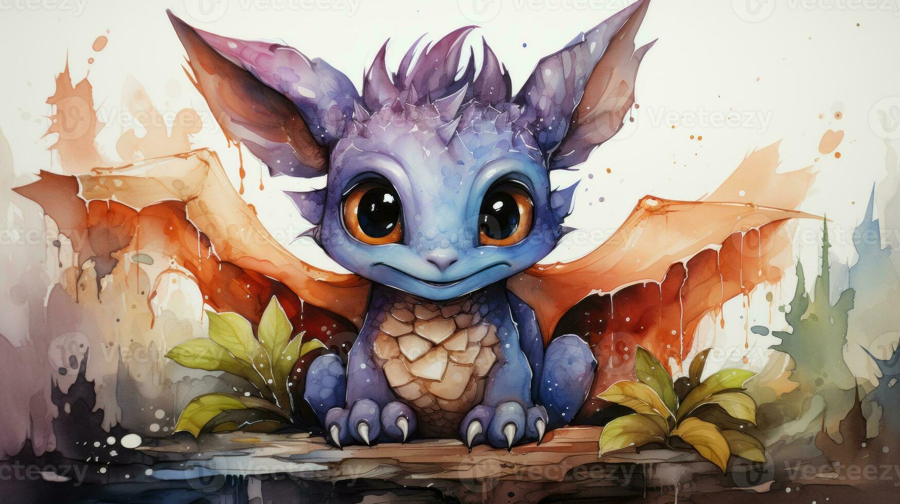 Cute dragon in watercolor style,  dragon smiling, dragon with big eyes. Generated by artificial intelligence photo