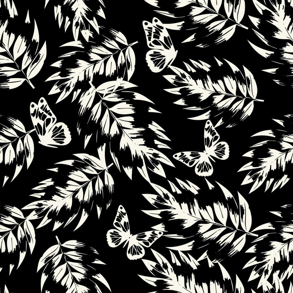 Prints of tropical palm leaves and butterfly. Seamless exotic pattern. Print for summer clothes, shorts, T-shirts, shirts. vector