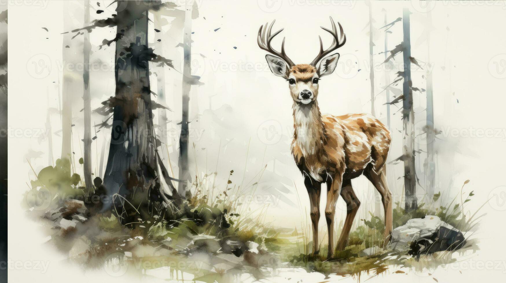 Landscape with little fawn and tree. Hand-drawn. Generated by artificial intelligence photo