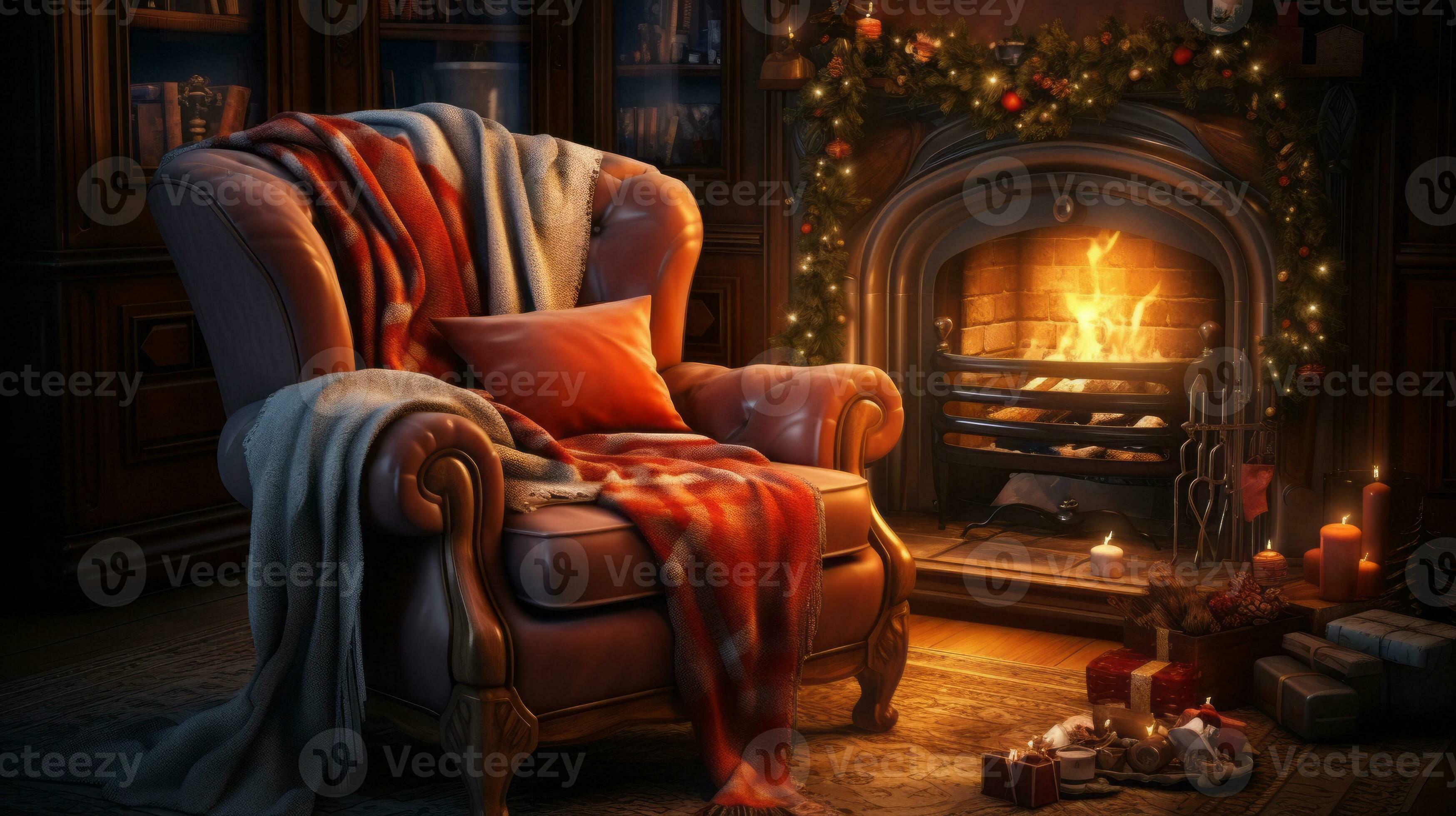 Cozy armchair with pillow and blanket next to a burning fireplace. New  Year's interior with candels and gifts. Generated by artificial  intelligence 25901014 Stock Photo at Vecteezy