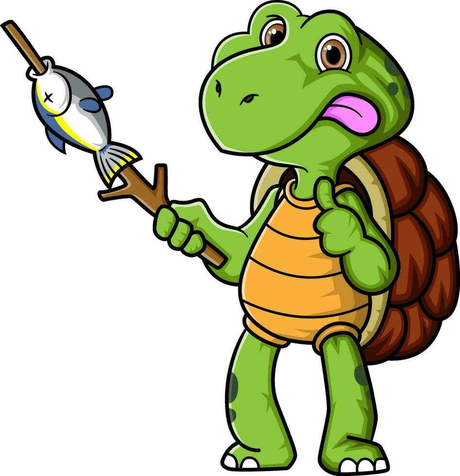 cartoon cute turtle grilling a fish vector