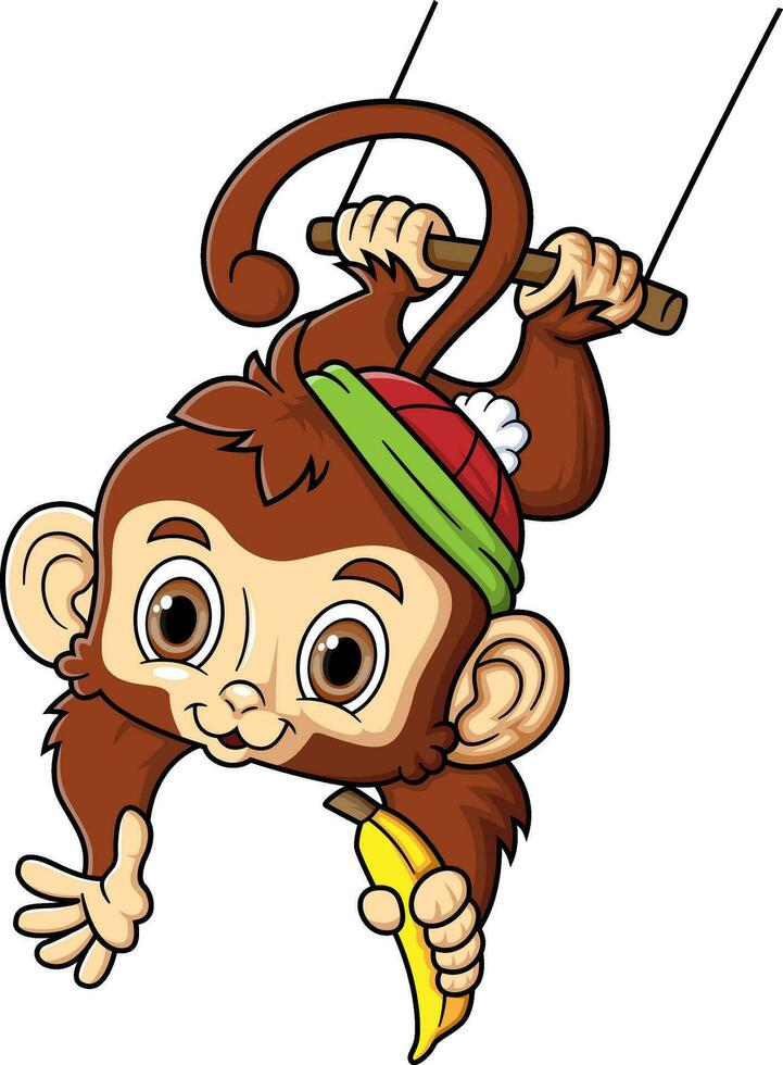 cute monkey  swinging and holding banana vector