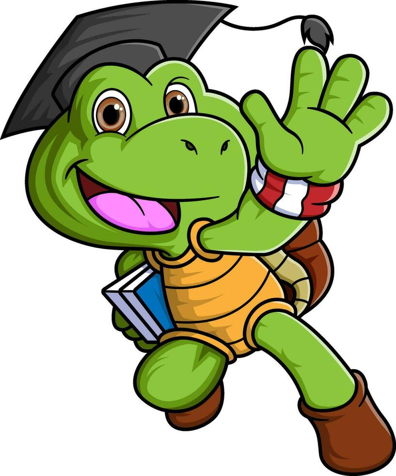 Cartoon happy turtle with backpack and book vector