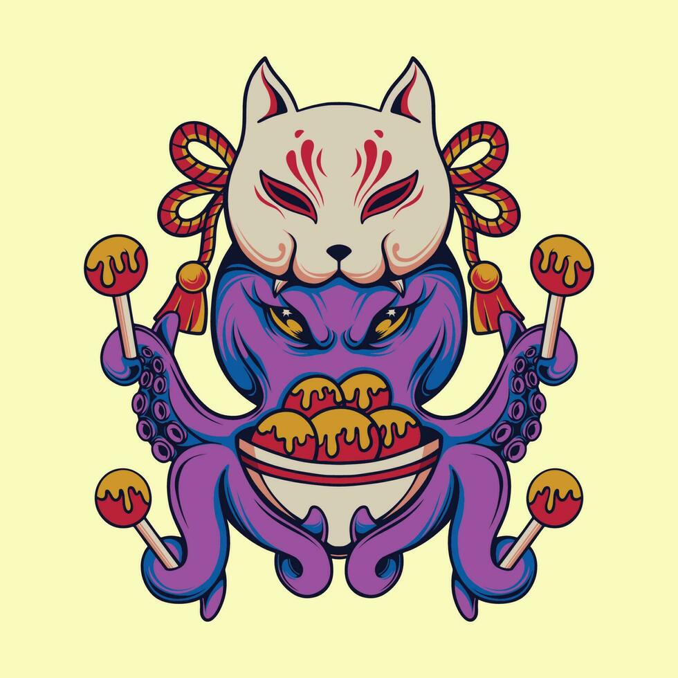 bowl octopus mask kitsune vector art