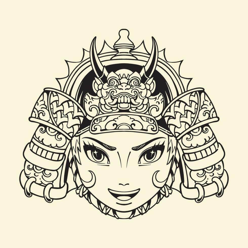 personaje samurai cara japonés contorno vector