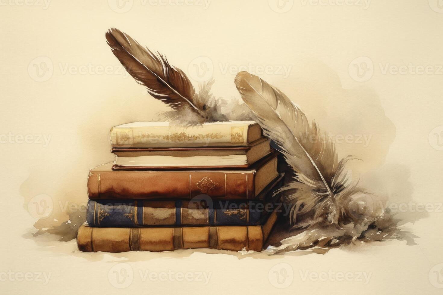 Watercolour illustration of books with a feather on top. photo