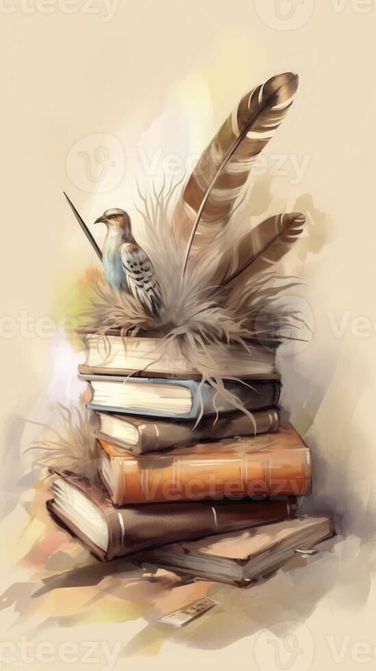 Watercolour illustration of books with a feather on top. photo