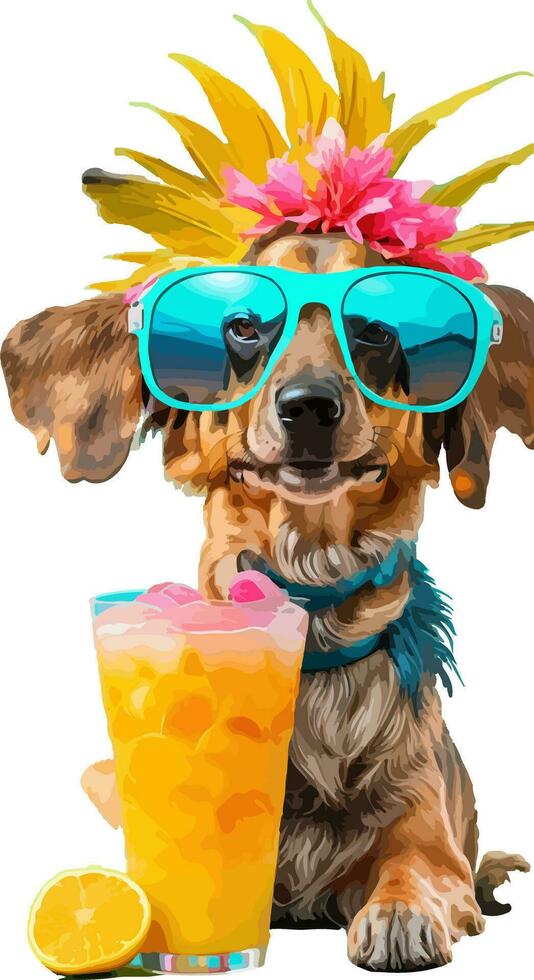 impresión un perro vistiendo Gafas de sol, participación un tropical bebida vector