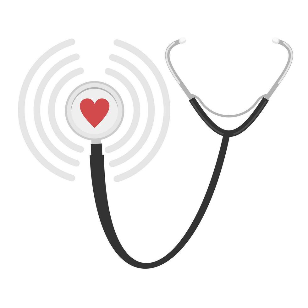 Stethoscope, doctor's medical tool. Waves of a beating heart. vector