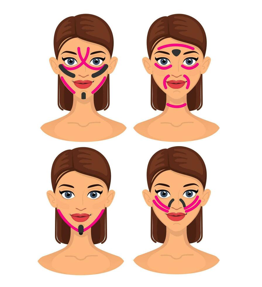 Set of young beautiful woman with kinesiology tape on her face, tightening the skin vector