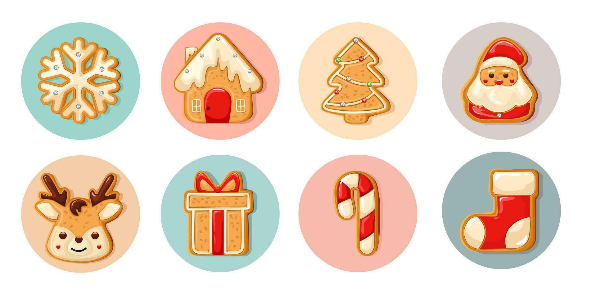 Set of cute gingerbread cookies for christmas. Christmas pastries. Biscuits. Isolated over white background. Vector illustration.