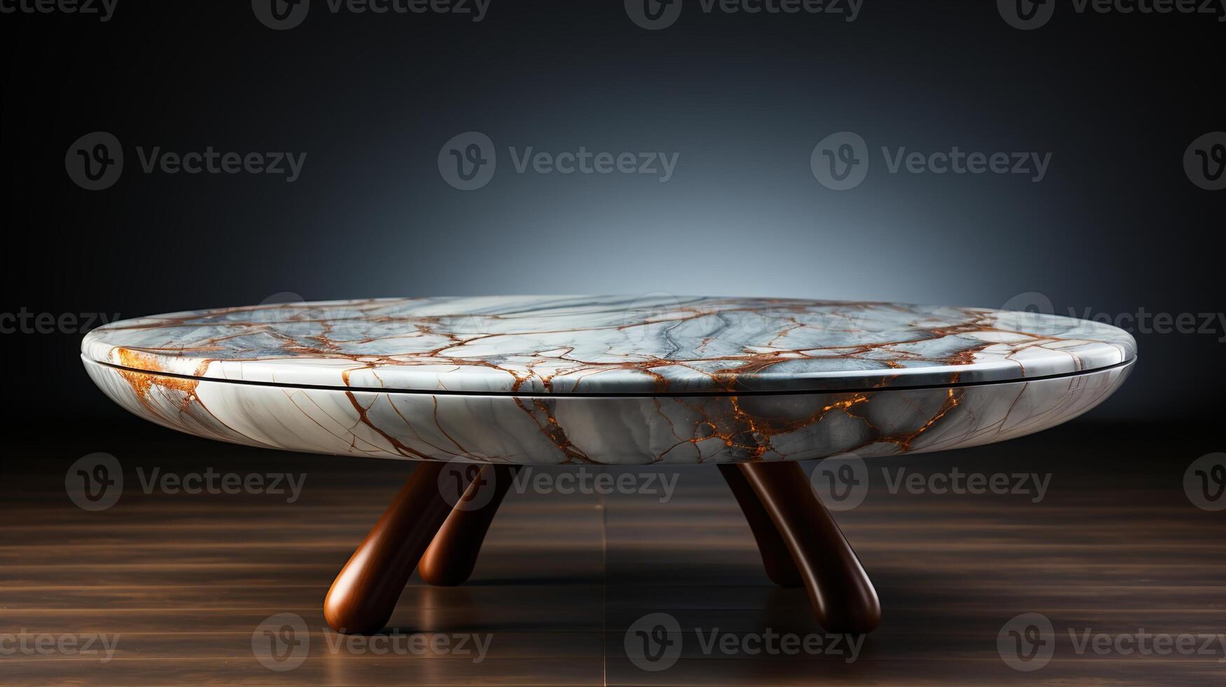 a front view of a Luxurious White and Gold Empty Marble Table for Product Placement on a Dark Background, serving as a blank marble table mockup, photo