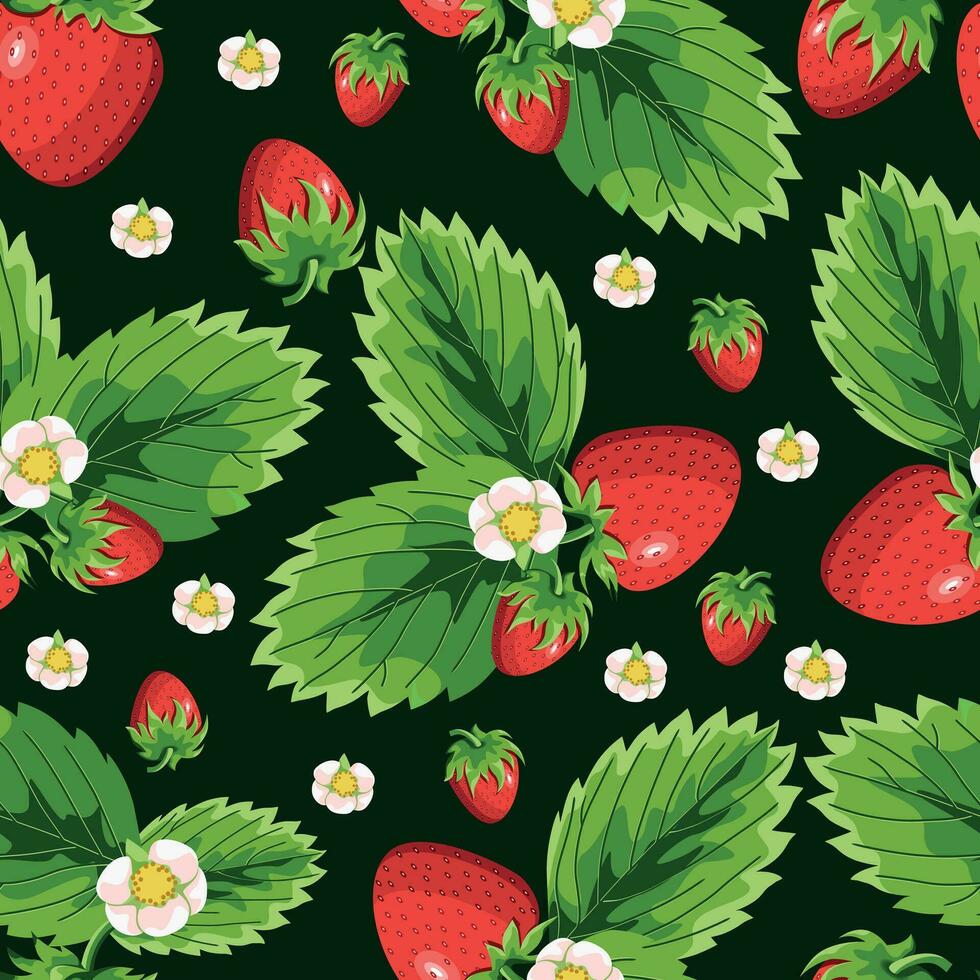 PrintRed strawberry. Strawberry flowers and green leaves. Abstract seamless pattern on a dark background vector