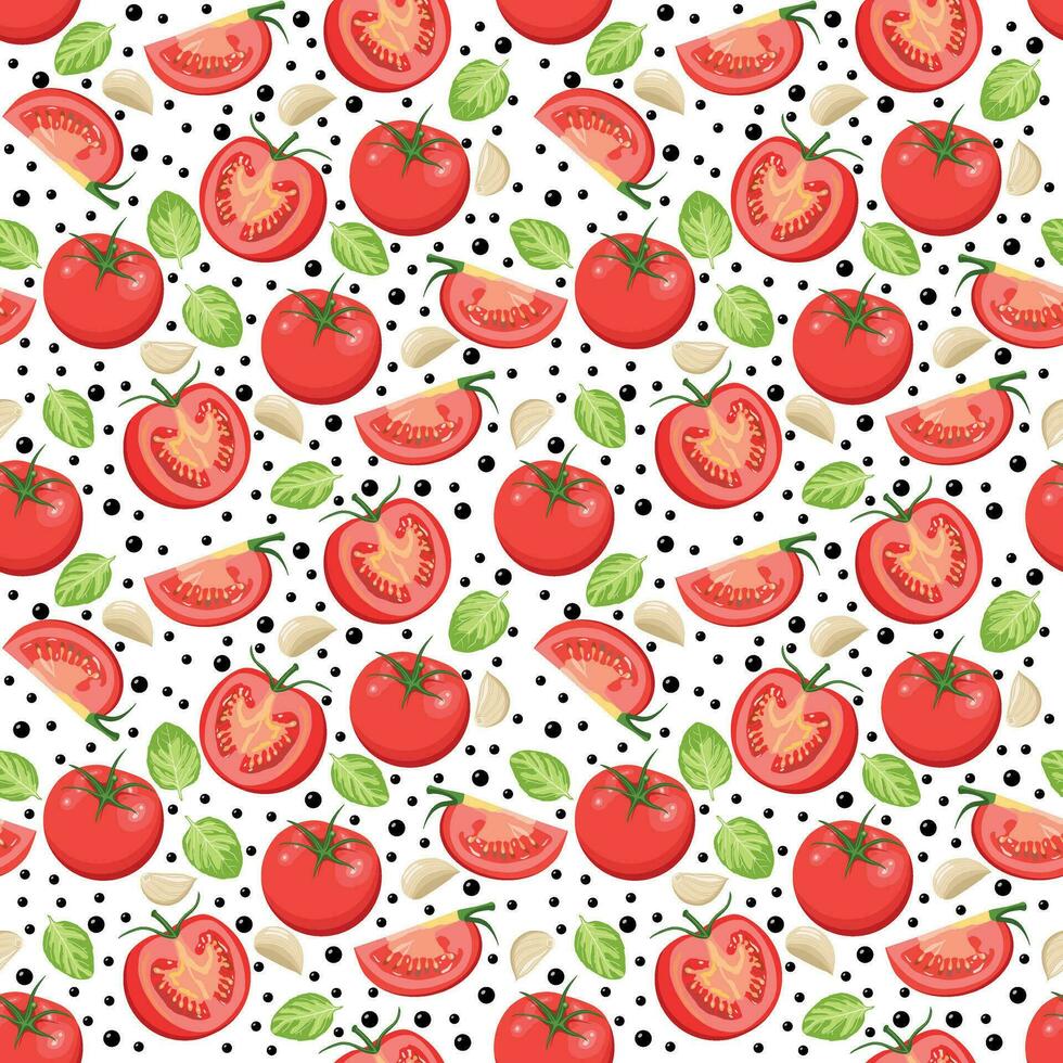 Tomatoes seamless pattern on a white background. Half a tomato, a slice and a whole tomato. Composition of tomatoes with basil, garlic and spices. vector