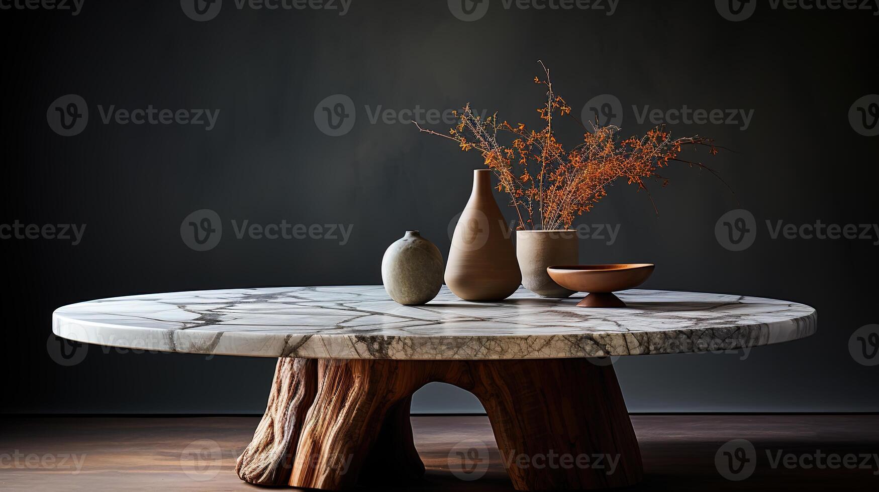 a front view of a Luxurious White and Gold Empty Marble Table for Product Placement on a Dark Background, serving as a blank marble table mockup, photo