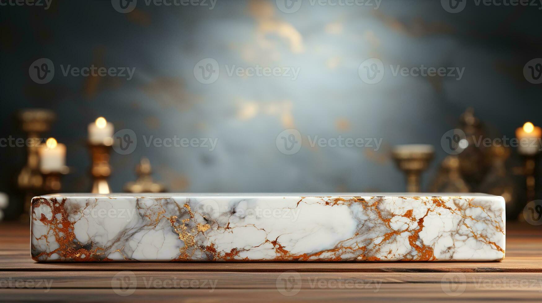 un frente ver de un lujoso blanco y oro vacío mármol mesa para producto colocación en un oscuro fondo, servicio como un blanco mármol mesa Bosquejo, ai generativo foto