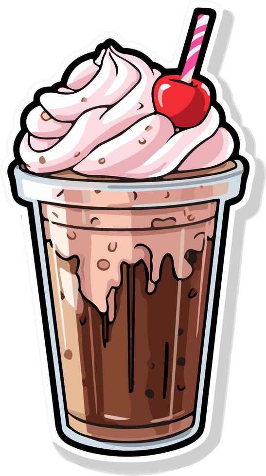 Doodle chocolate vanilla cream milkshake with a straw sticker clipart transparent vector illustration, ai generated