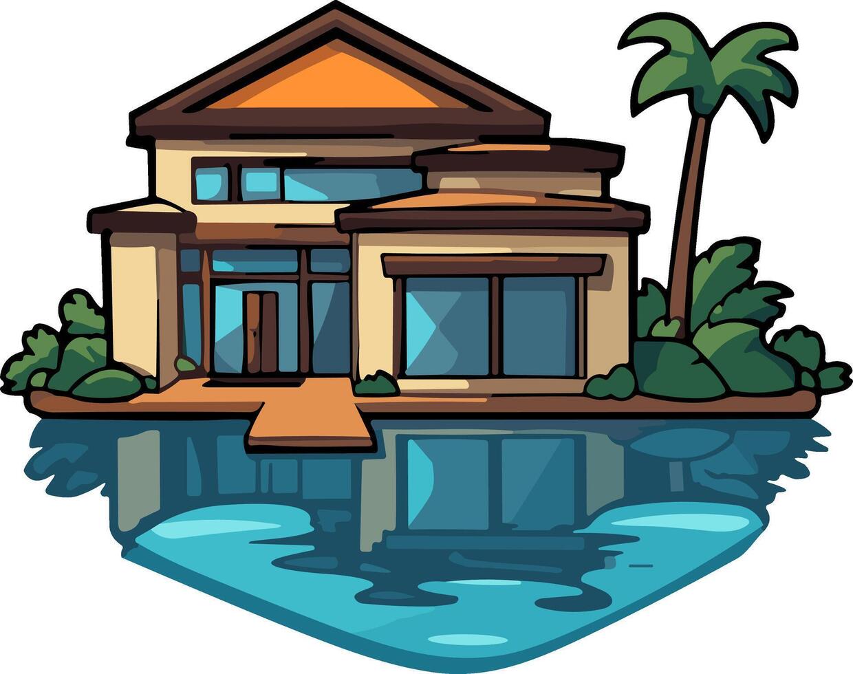 Modern house cartoon style illustration, vector