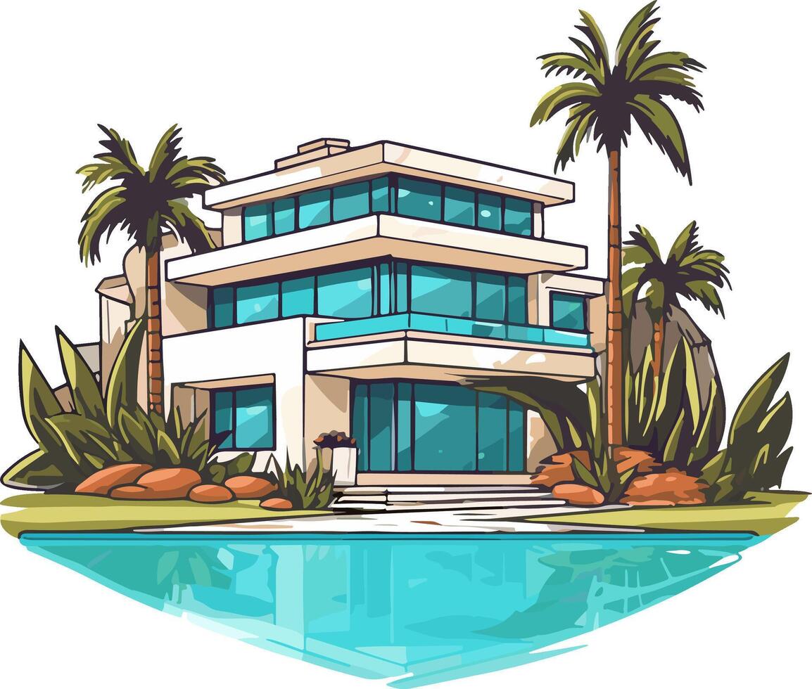 Modern house cartoon style illustration, vector