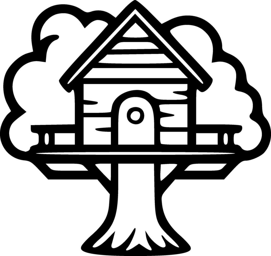 Treehouse black outlines monochrome vector illustration