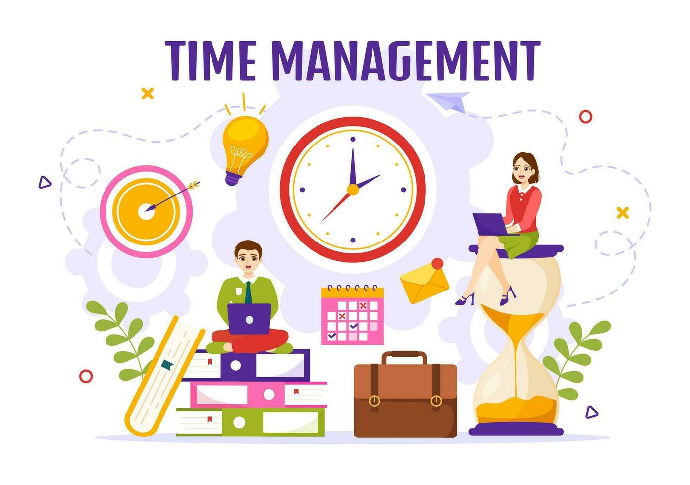 Time Management Vector Illustration with Clock Controls and Tasks Planning Training Activities Schedule in Flat Cartoon Hand Drawn Templates