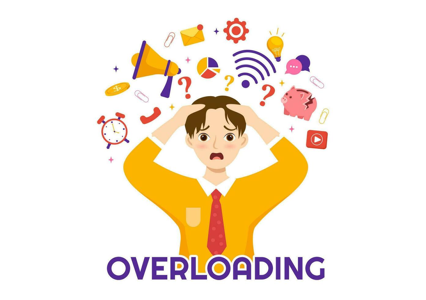 Overloading Vector Illustration with Busy work and Multitasking Employee to Finish Many Documents or Digital Information in Hand Drawn Templates