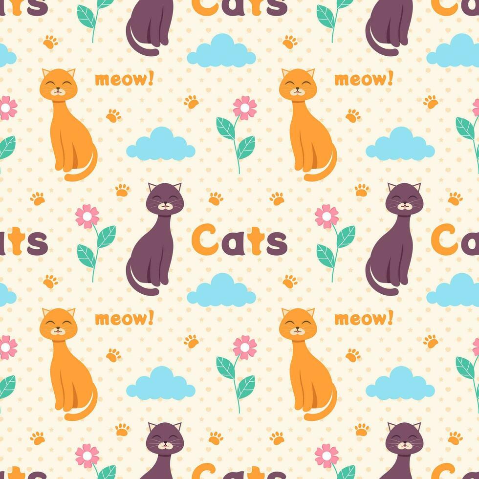 Cats Animals Seamless Pattern Design with Cat Element in Template Hand Drawn Cartoon Flat Illustration vector