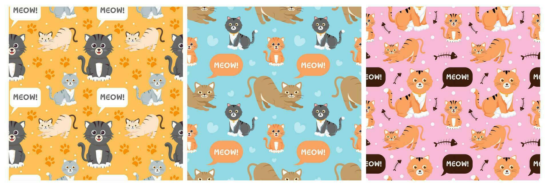 Set of Cats Animals Seamless Pattern Design with Cat Element in Template Hand Drawn Cartoon Flat Illustration vector