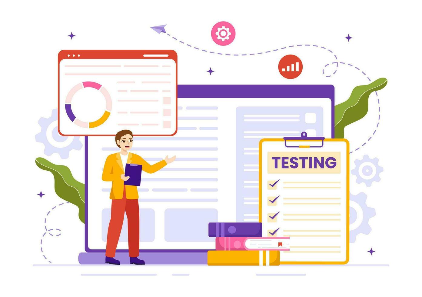 software pruebas vector ilustración con solicitud ingeniería, depuración desarrollo proceso, programación y codificación en mano dibujado plantillas