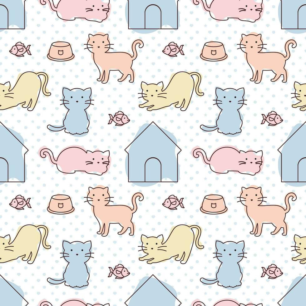 Cats Animals Seamless Pattern Design with Cat Element in Template Hand Drawn Cartoon Flat Illustration vector