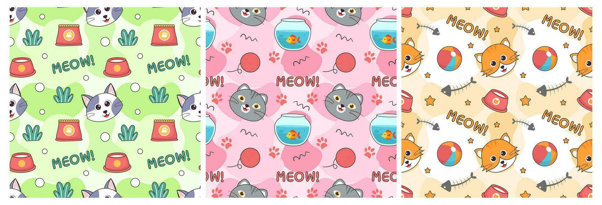 Set of Cats Animals Seamless Pattern Design with Cat Element in Template Hand Drawn Cartoon Flat Illustration vector