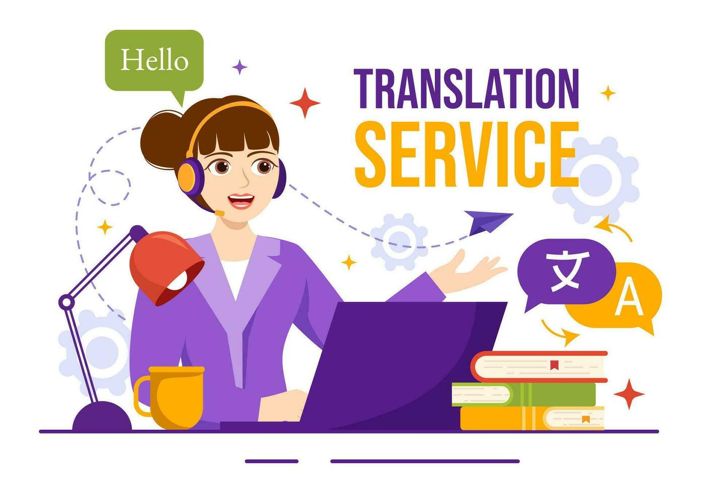 Translator Service Vector Illustration with Language Translation Various Countries and Multilanguage Using Dictionary in Hand Drawn Templates
