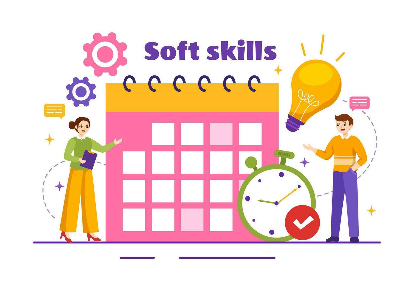 Soft Skills Vector Illustration of Office Workers Empathy, Communication, Idea Development, Skill and Education at Work in Flat Background Template