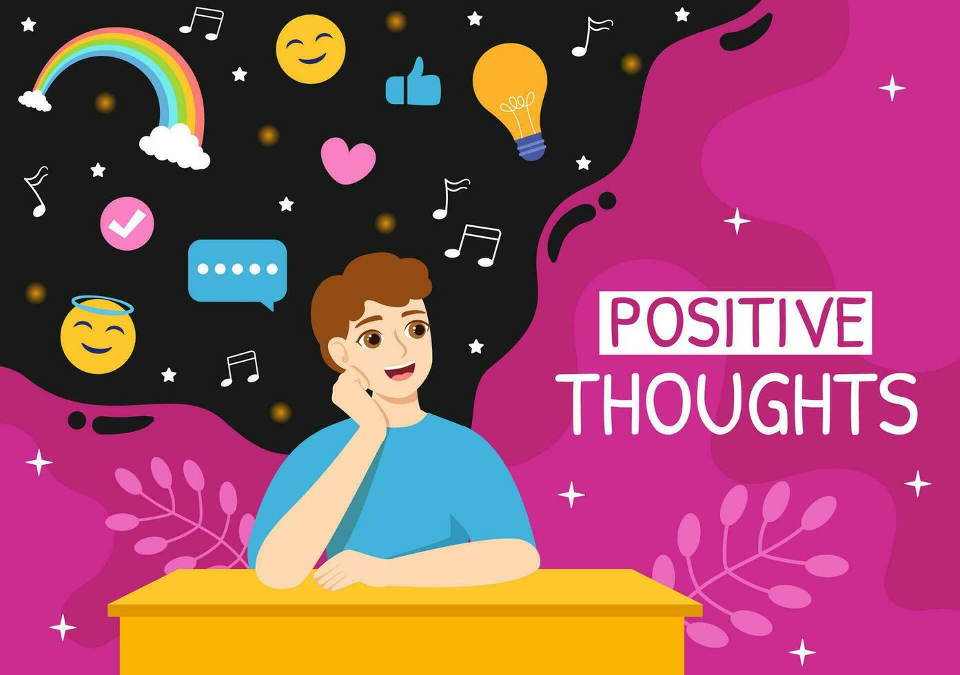 Positives Thoughts Vector Illustration with Thinking Positive as a Mindset in Symbolizing Creativity and Dreams Flat Cartoon Hand Drawn Templates